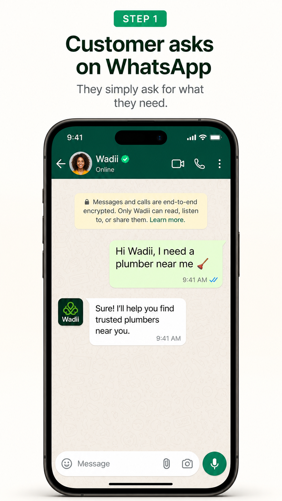 Step 1 — Customer asks Wadii on WhatsApp